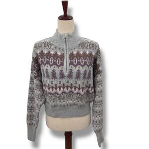 NEW Sugar Moon Gray Winter Fair Isle Quarter Zip Sweater Knitted Size XS